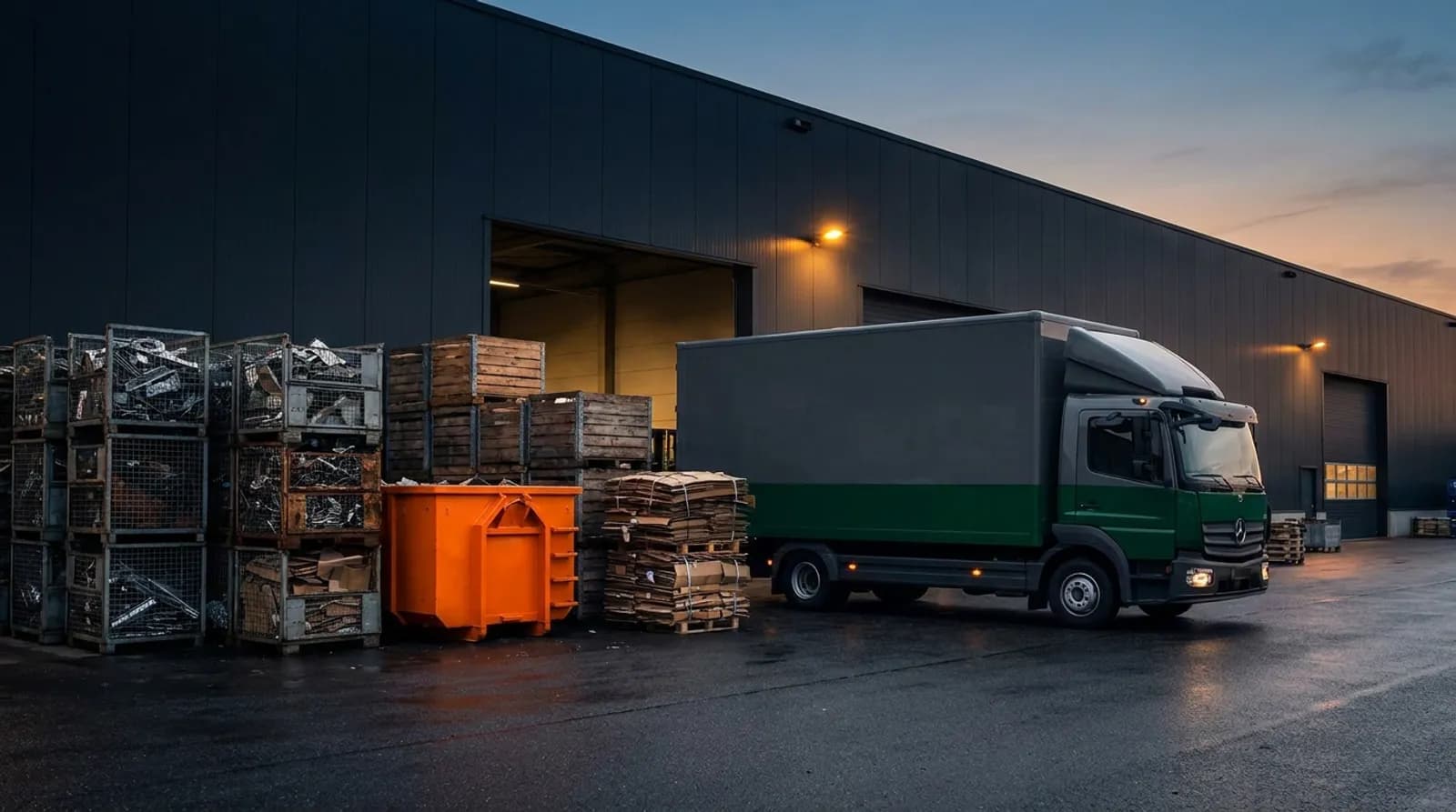 Transporter und sortierte Materialcontainer vor einer Industriehalle